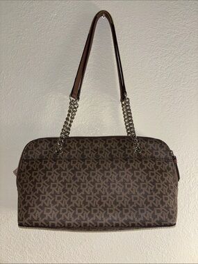 DKNY Brown Monogram Chain-Accent Shoulder Bag